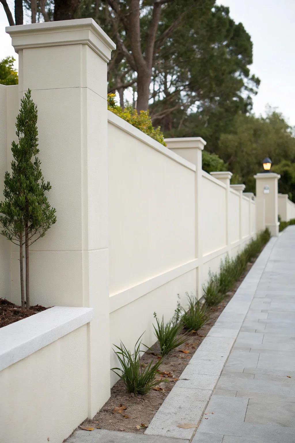 A minimalist stucco wall adds elegance to any modern landscape.