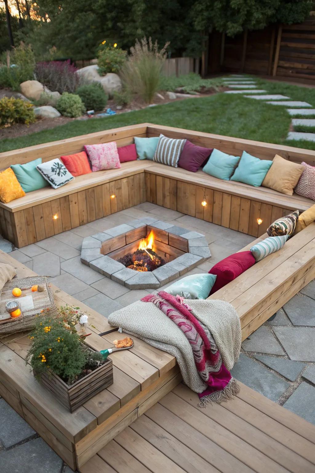 Built-in benches add comfort and style to any sunken fire pit setting.