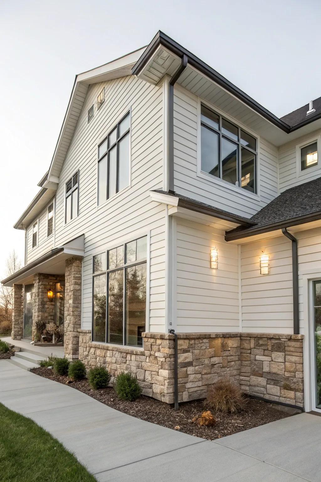 A blend of vinyl siding and stone creates an eye-catching eclectic facade.