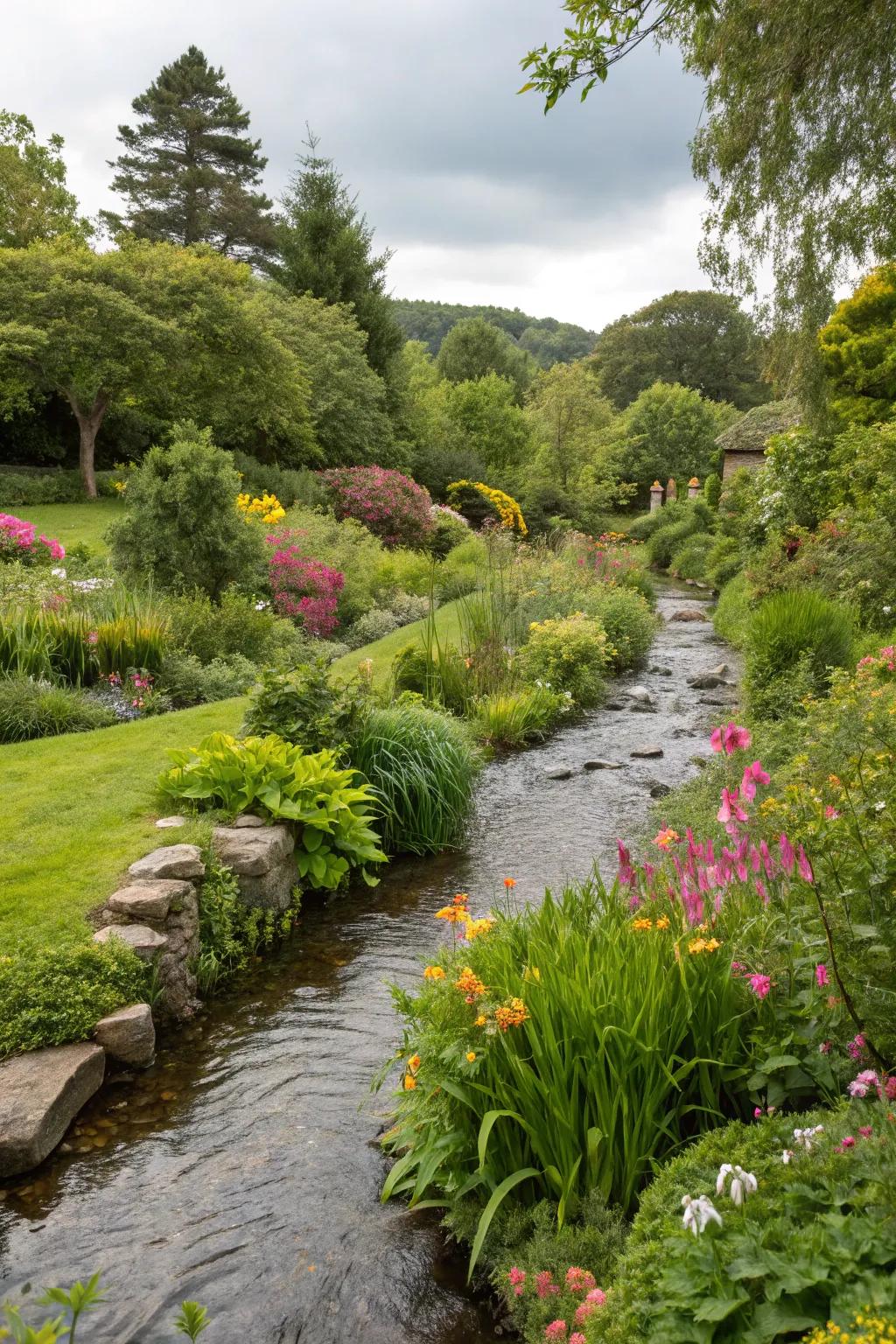 A stream gracefully integrated into the garden landscape.
