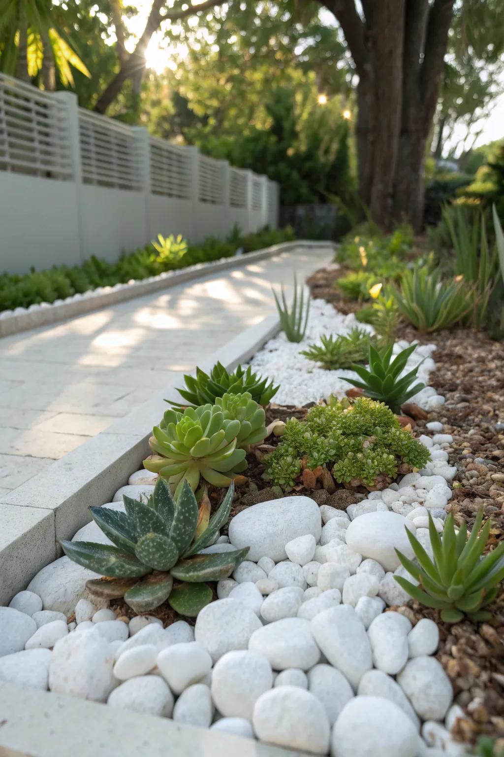 White pebbles offer a stunning contrast to vibrant greenery.