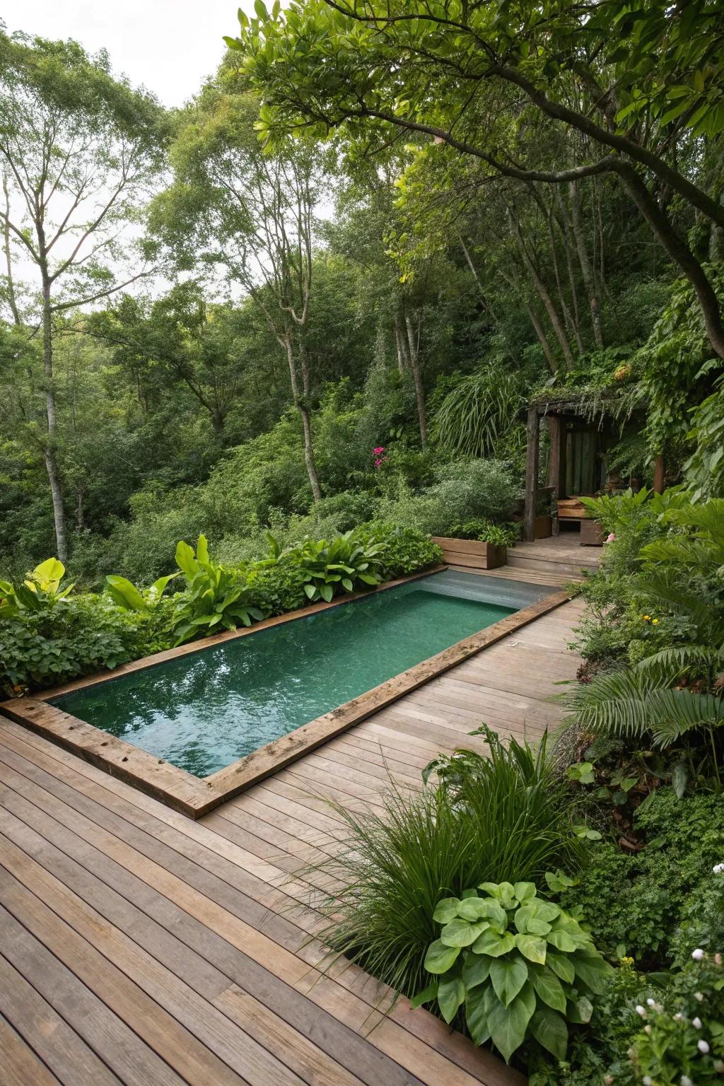 A wood pool deck that beautifully integrates with its natural surroundings.