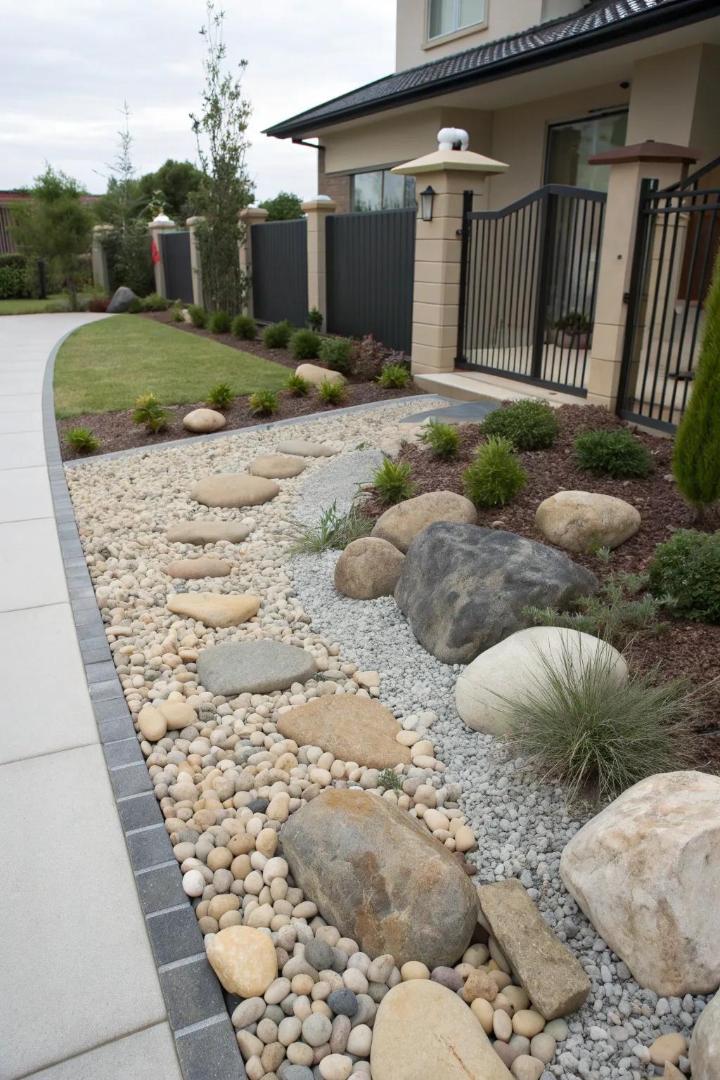 A modern front yard featuring gravel and rocks in various sizes and colors.