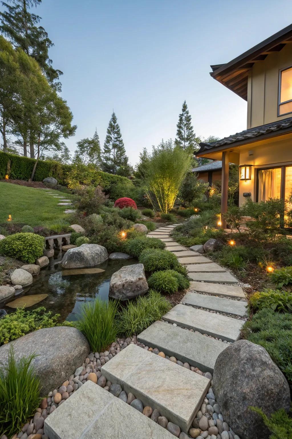 Natural stone stepping stones creating a path in a Zen garden.