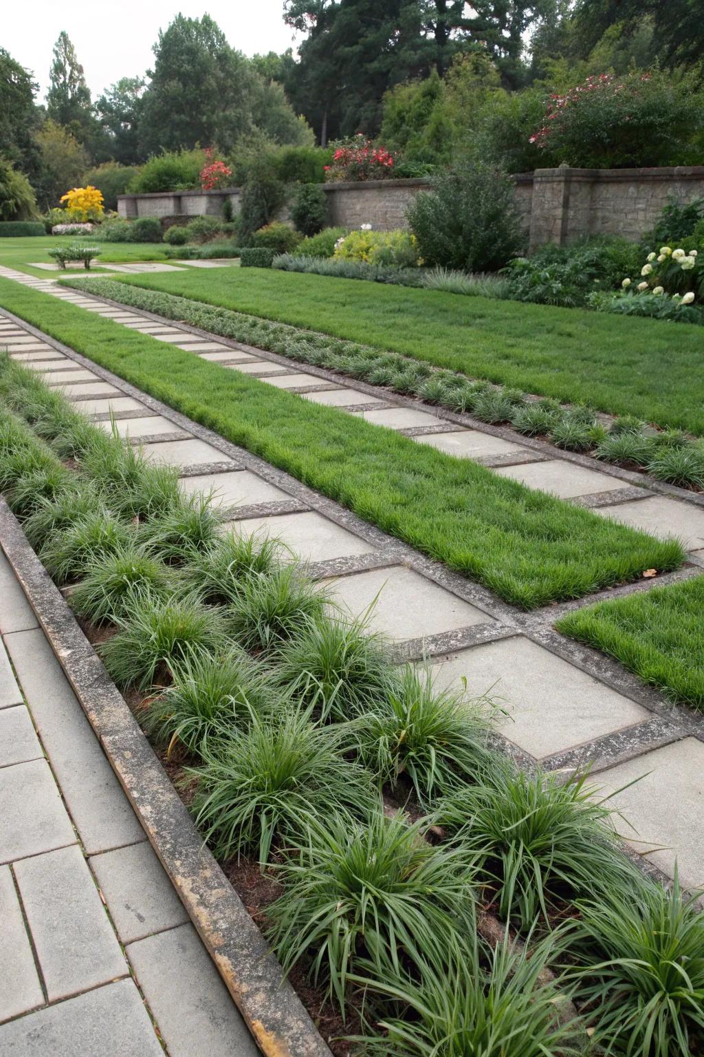 Elegant garden beds edged with mondo grass offer a refined and organized look.