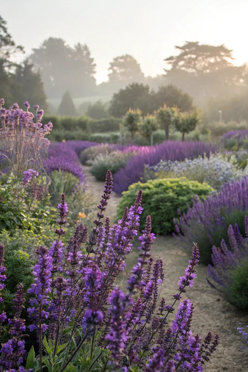 A mystical garden with a rich palette of purple plants.