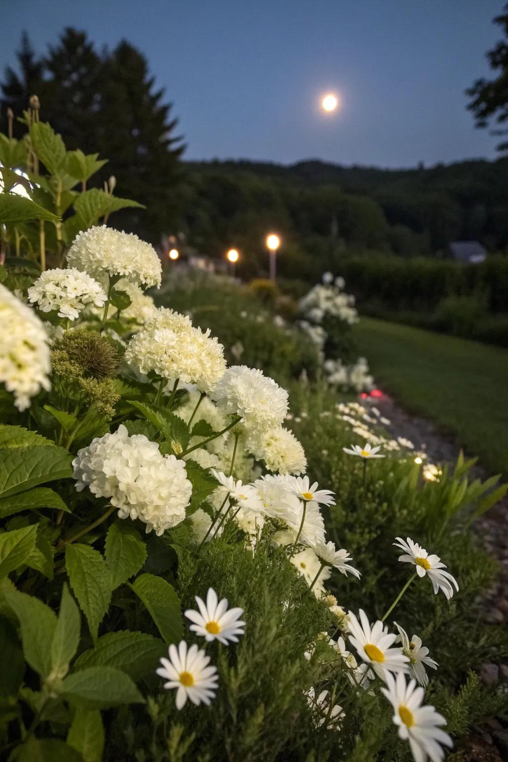 White hydrangeas and daisies glowing softly in the moonlight.