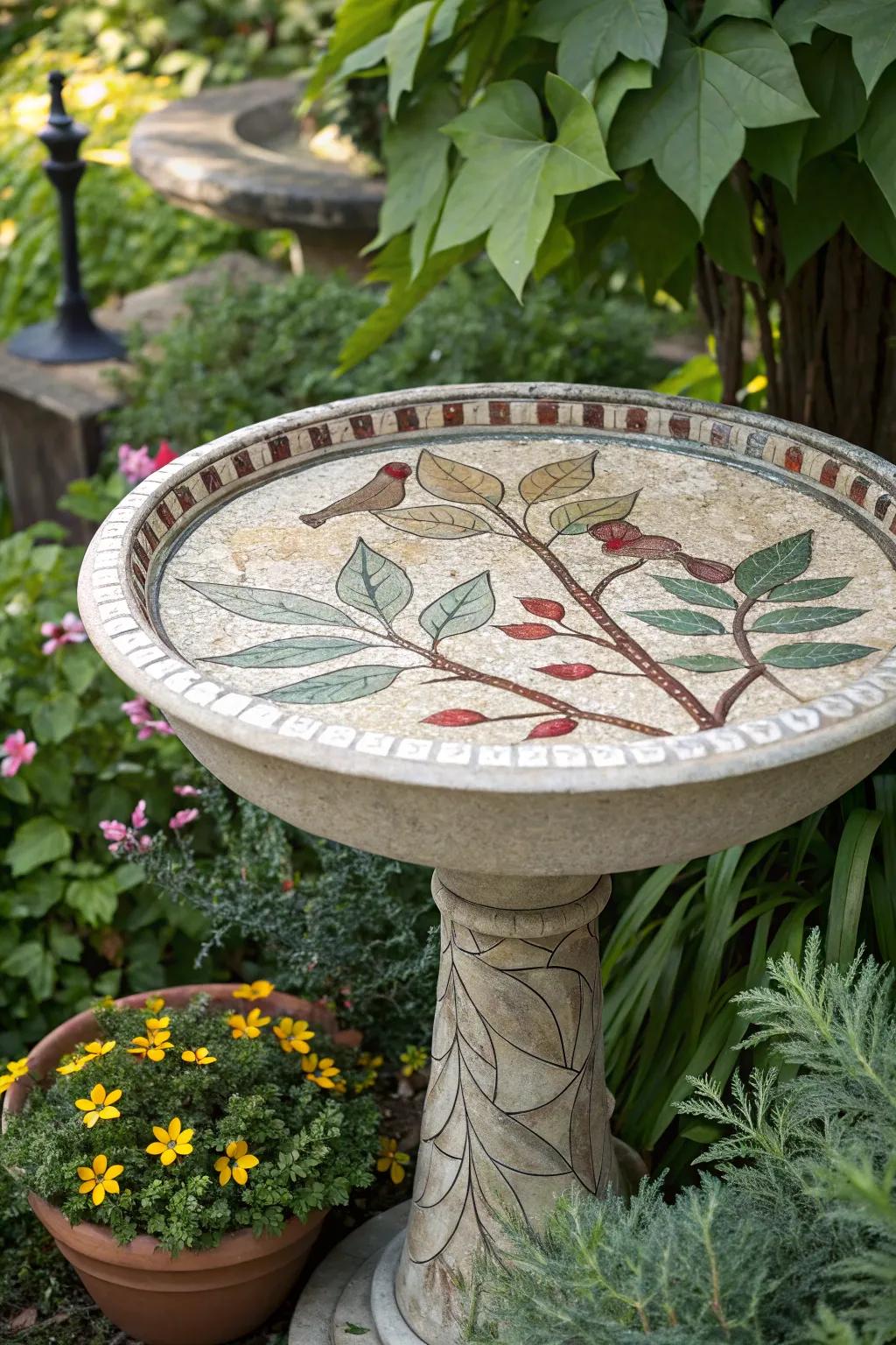 A mosaic bird bath with nature-inspired motifs, inviting birds to rest and refresh.