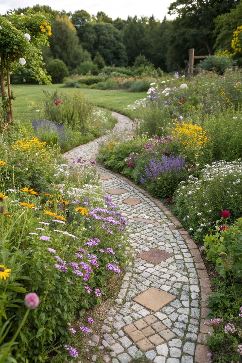 A natural and elegant mosaic path that harmonizes with the landscape.