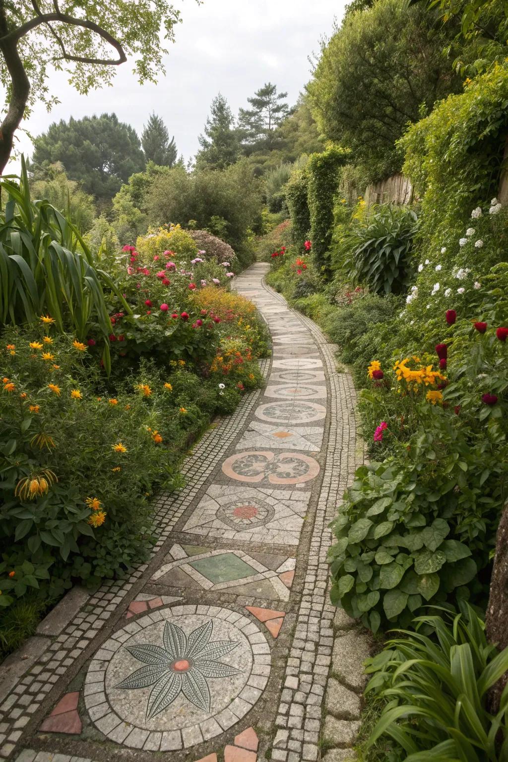 A mosaic pathway that seamlessly blends with natural elements, offering an earthy and cohesive look.