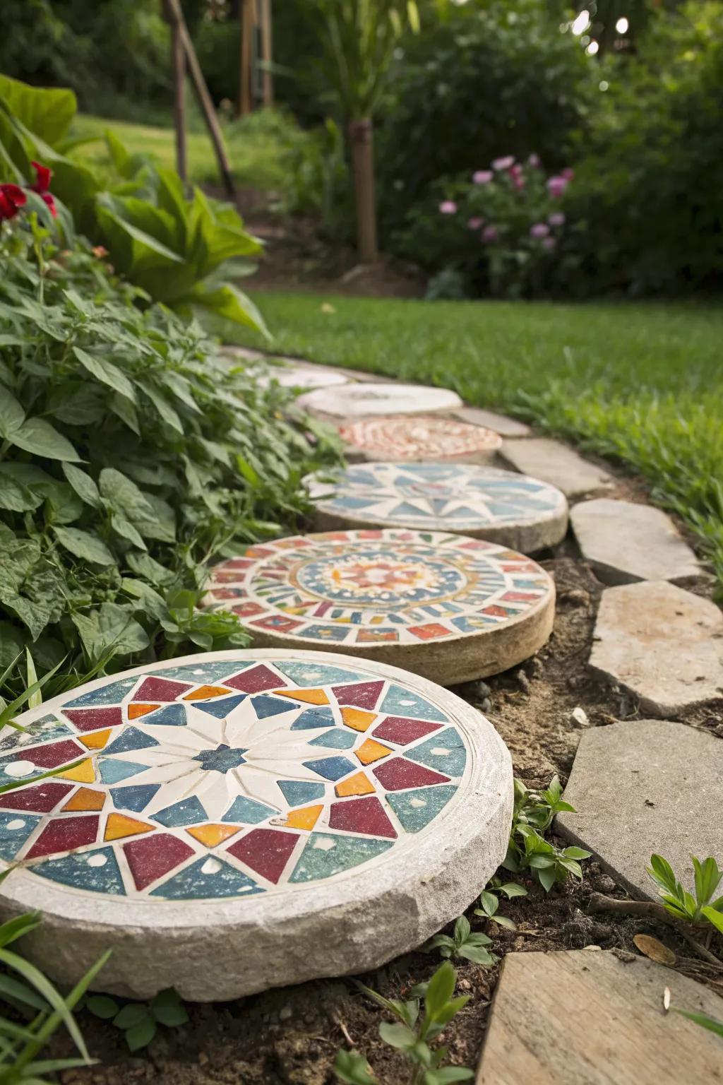 Geometric mosaic stepping stones bring modern elegance to outdoor spaces
