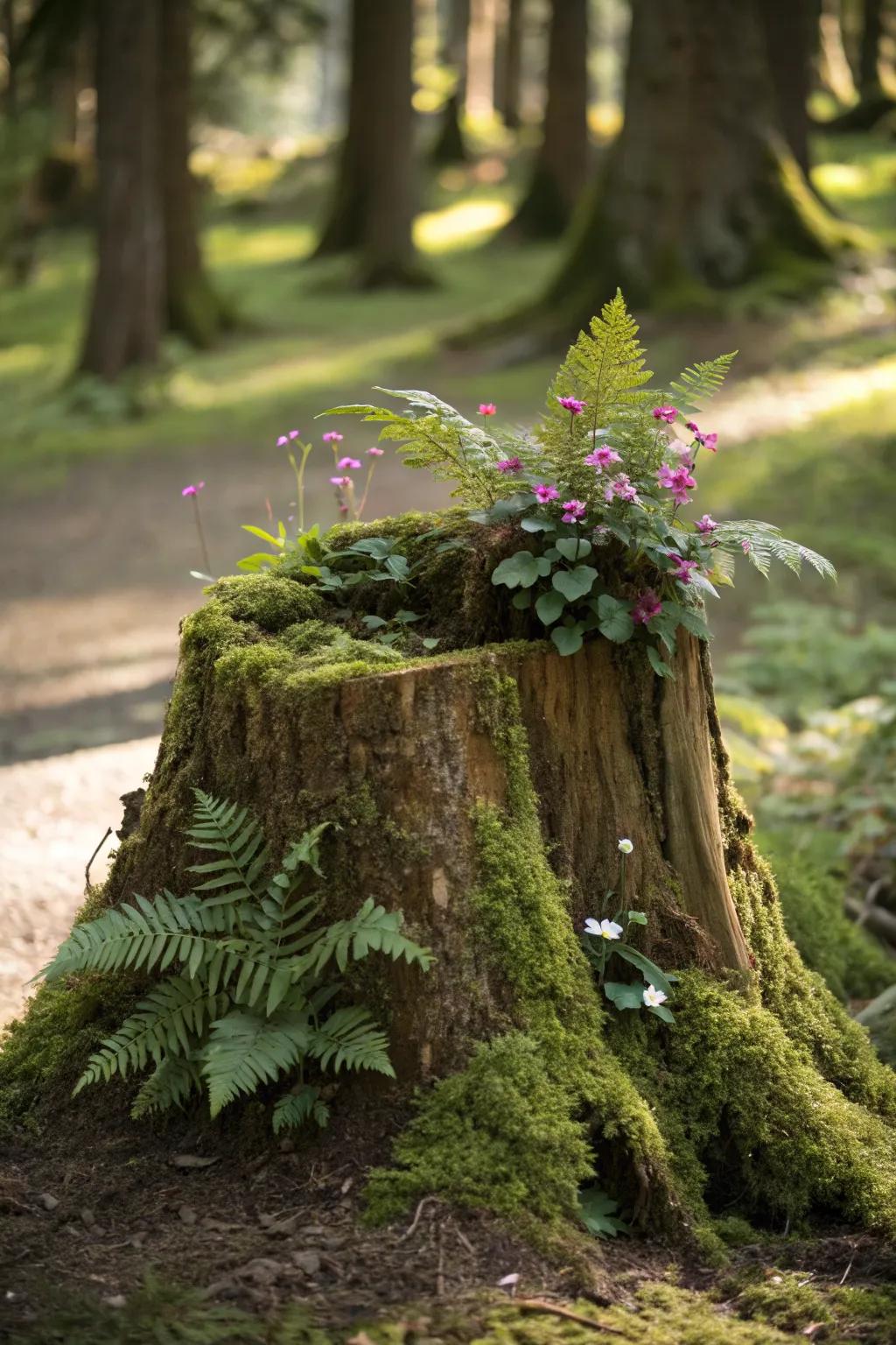 A moss-covered tree stump repurposed as a planter, adorned with ferns and small flowers.