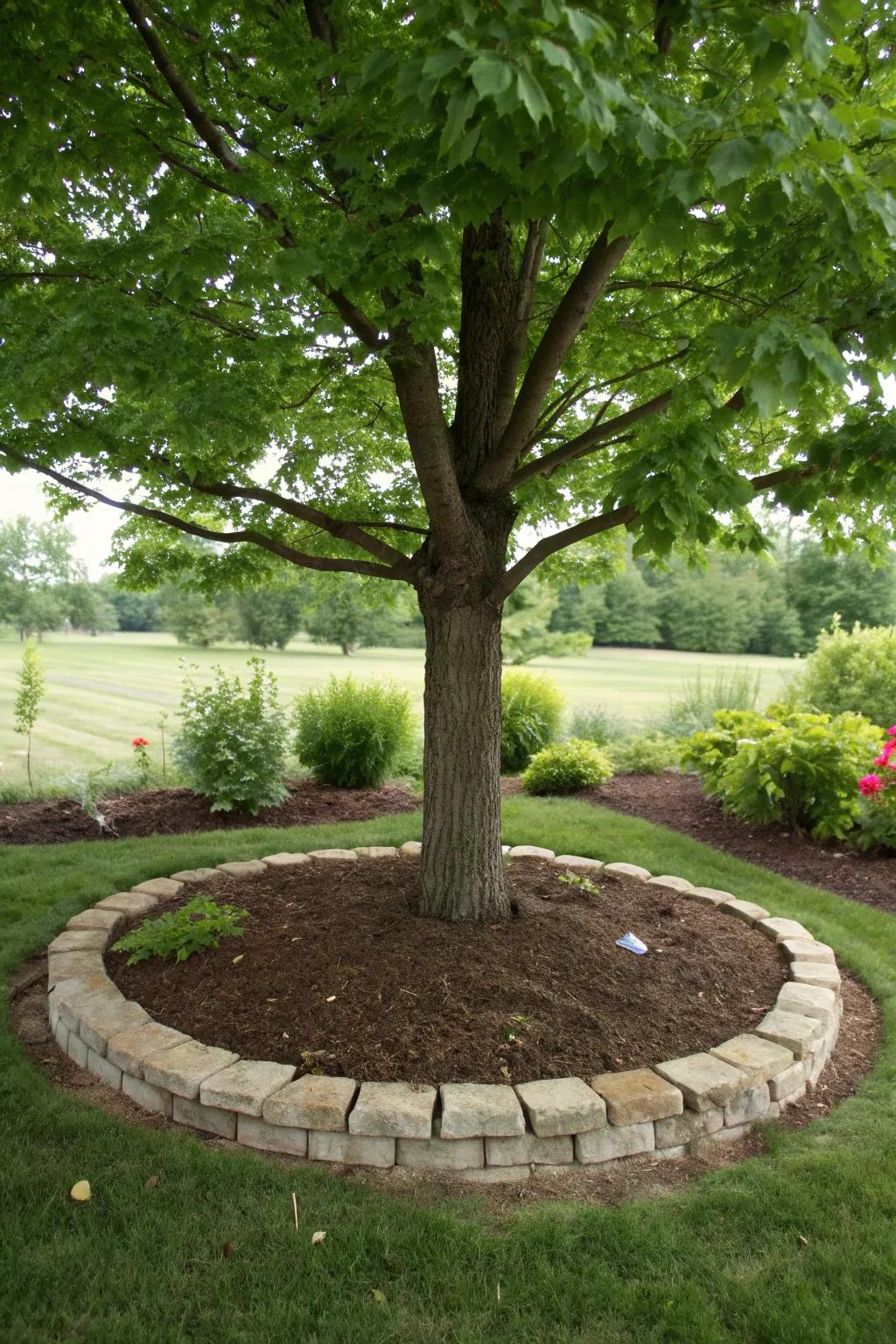 Stone borders bring sophistication to your mulched trees.