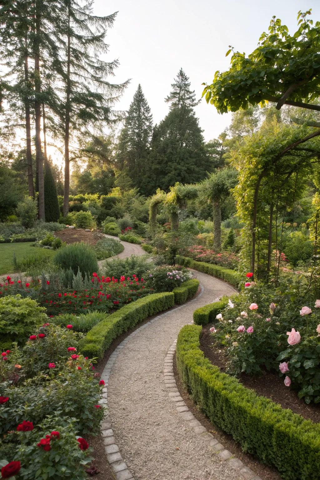 Charming pathways made of mulch adding a rustic touch to the garden.