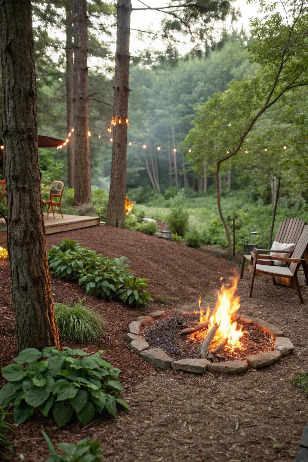 Mulch adds warmth and practicality to the fire pit area.