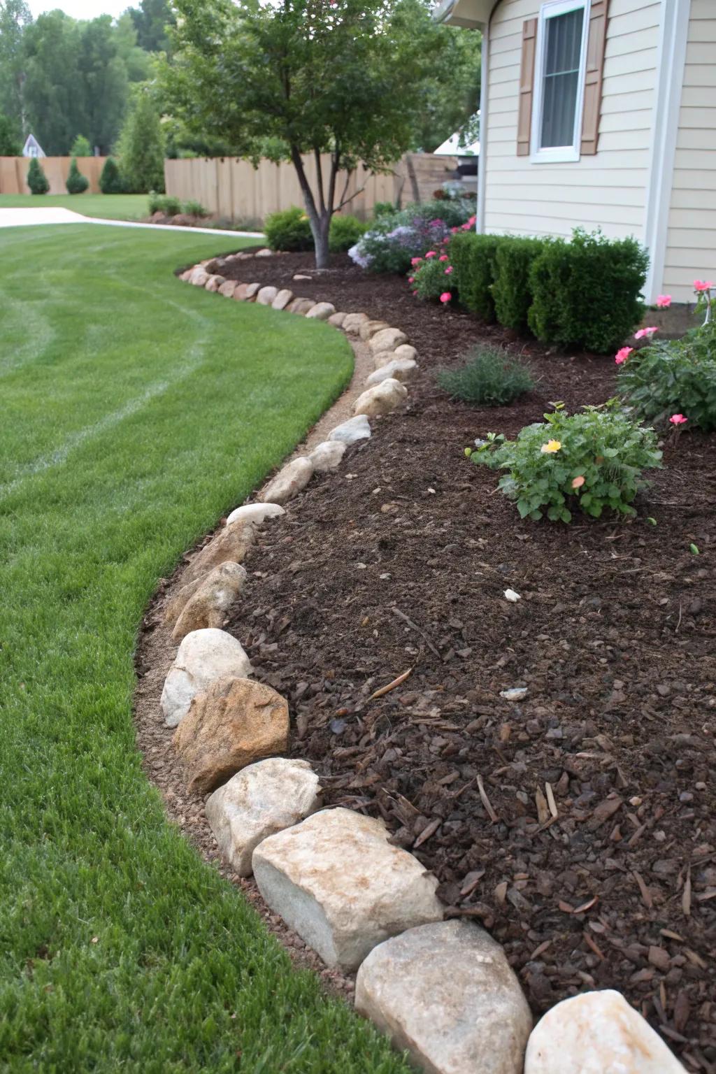 Neatly defined mulch beds with stone edging.