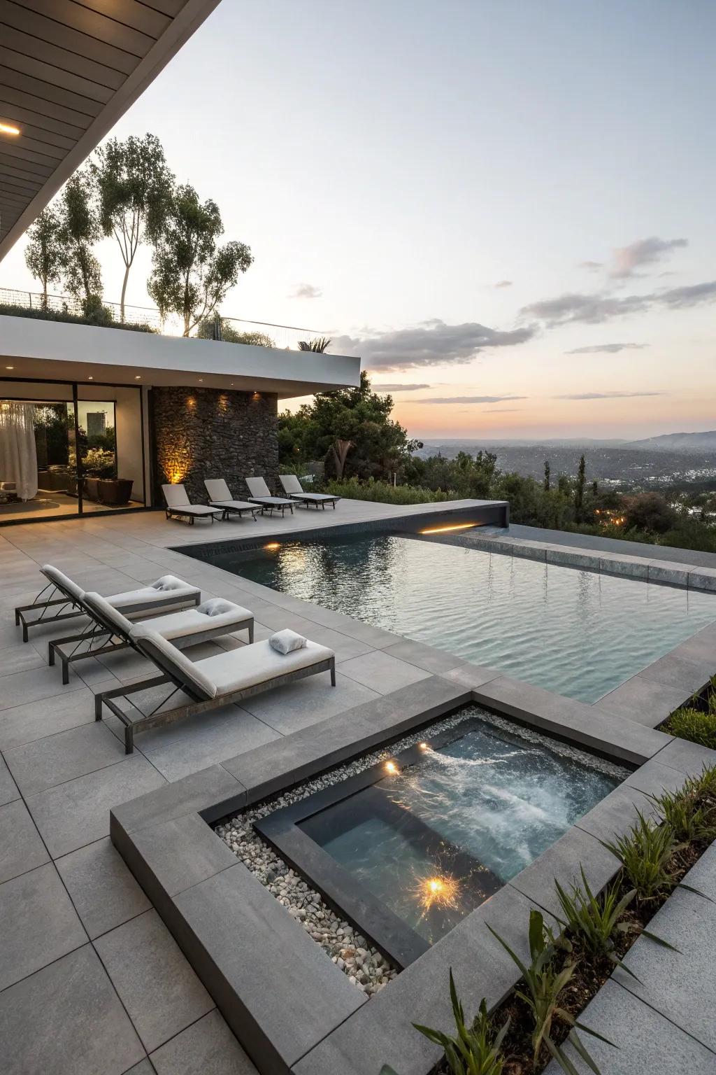 Sleek and sophisticated, a geometric pool with an integrated spa.