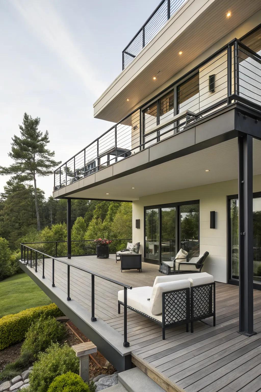 A minimalist multilevel deck offering a sleek and modern escape.