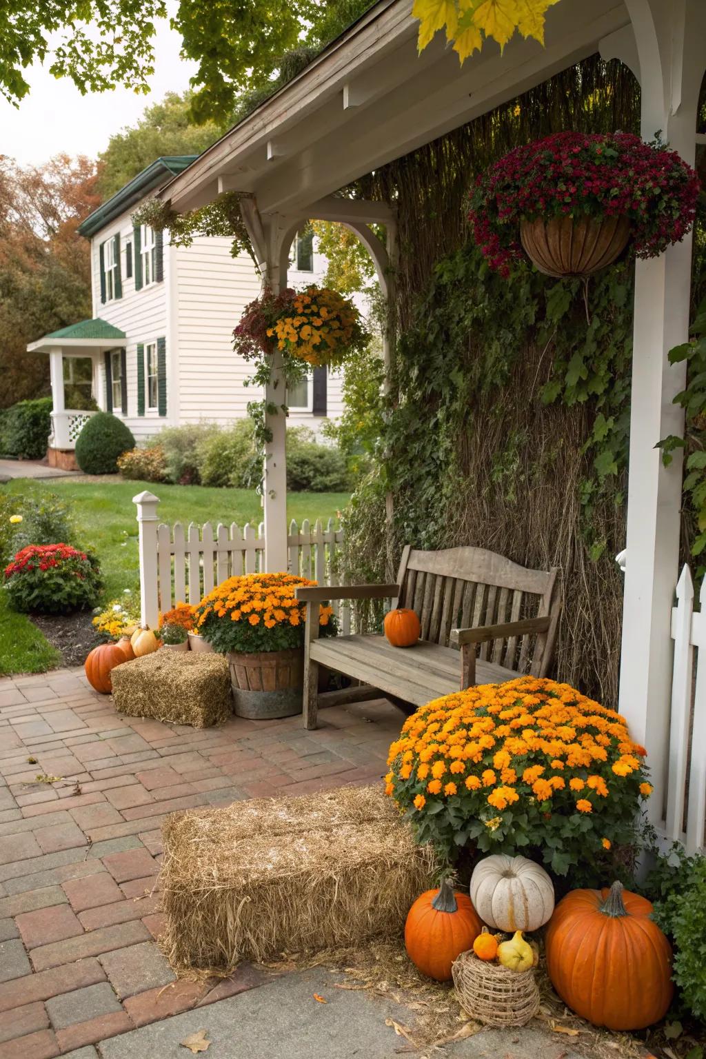 Create a warm welcome with a front porch display of mums and autumn decor.