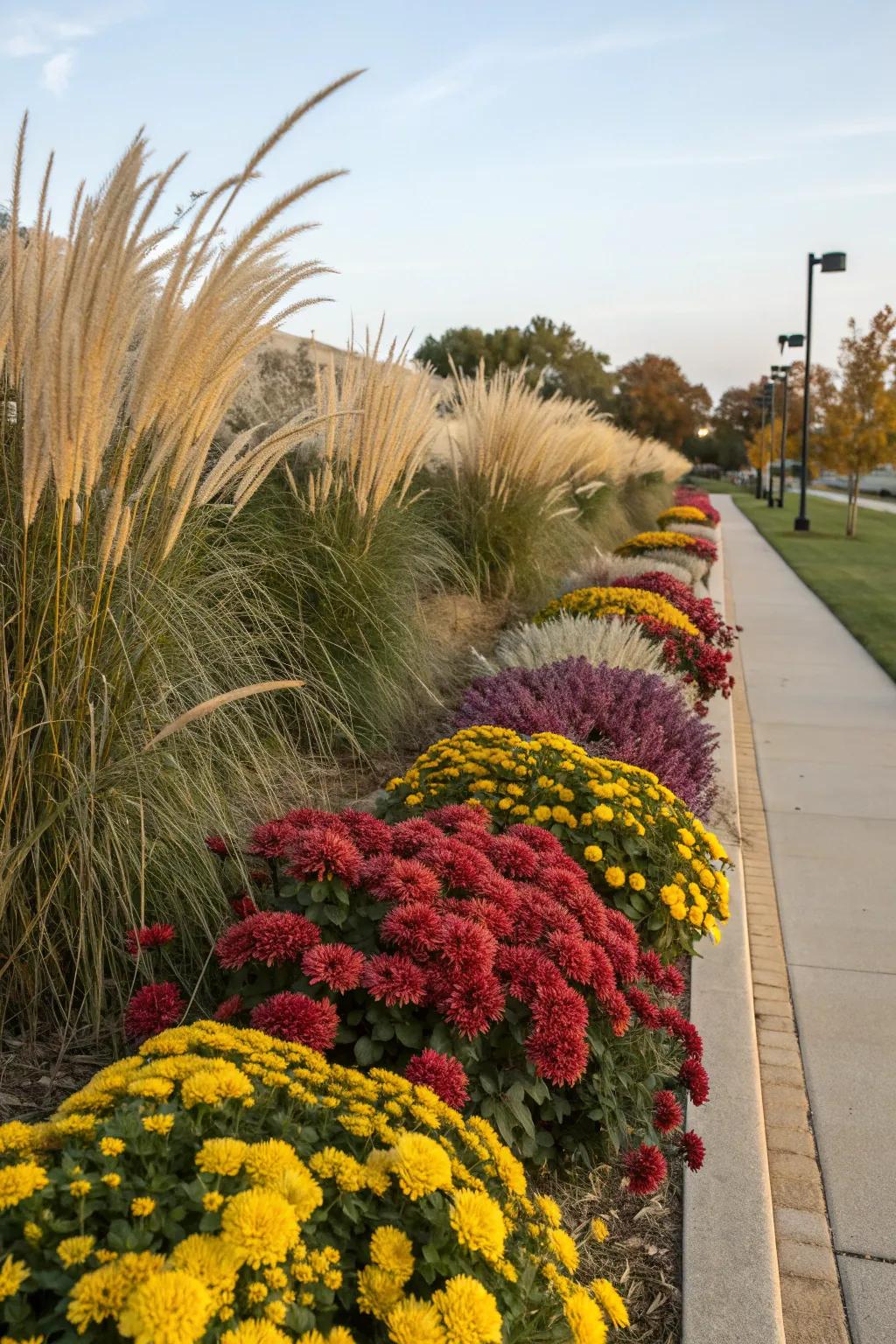 Mums paired with ornamental grasses for texture.