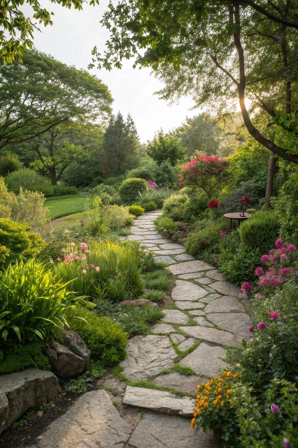 Whimsical stone pathways create a magical garden vibe.