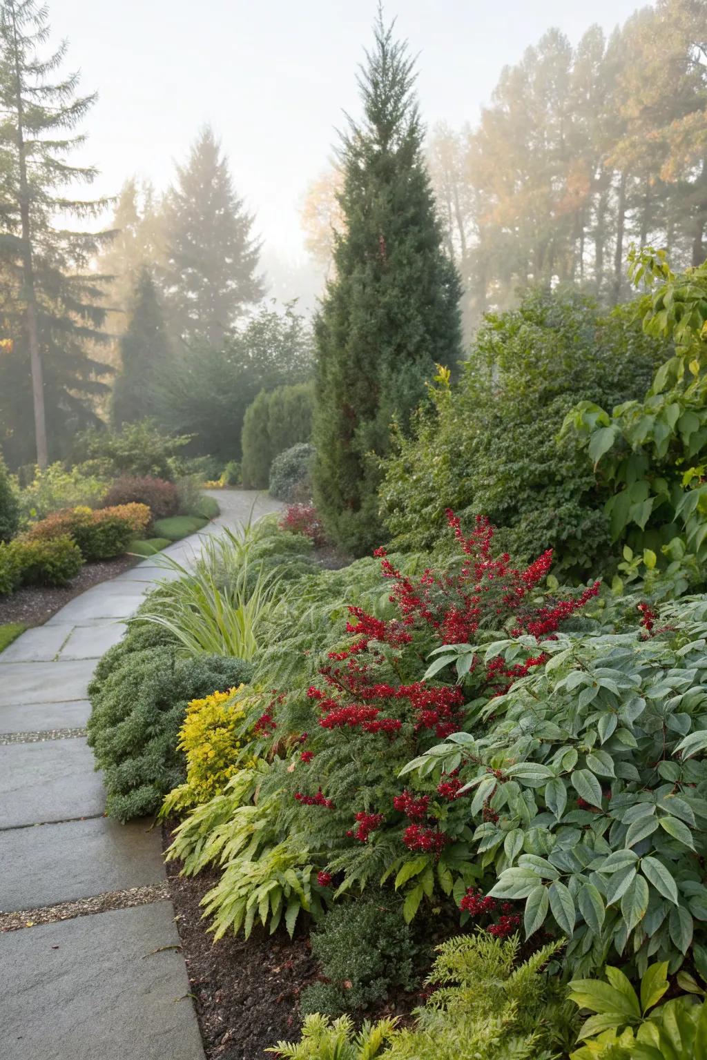 A beautifully layered garden border featuring nandina and evergreens.