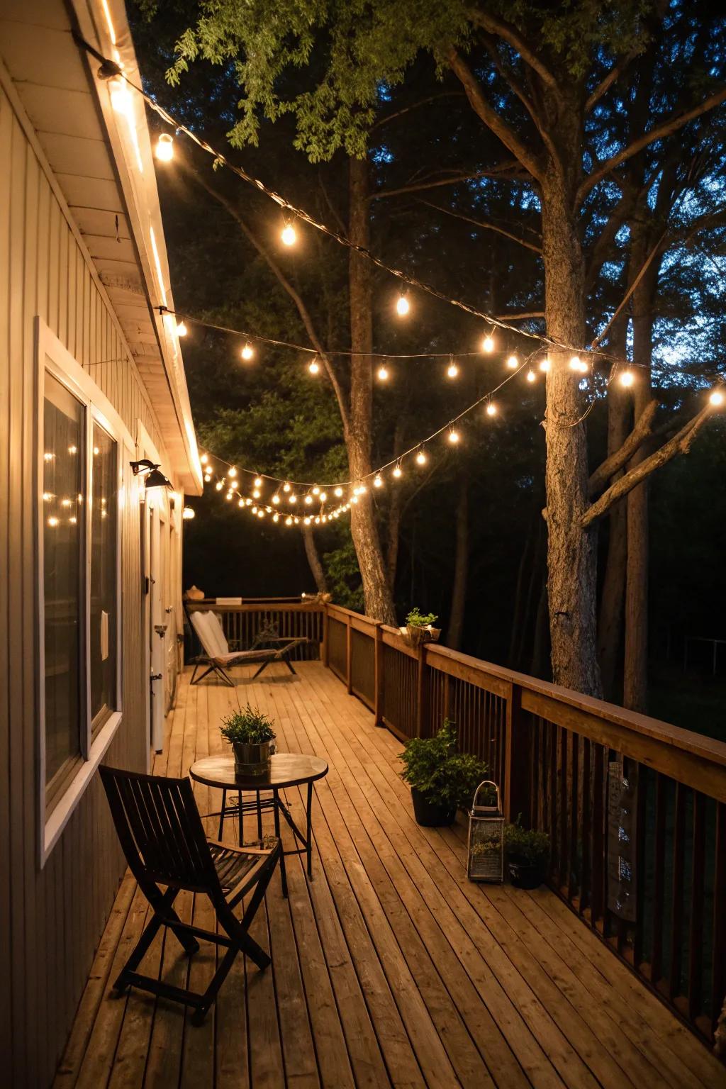 String lights add warmth and charm to any narrow deck.