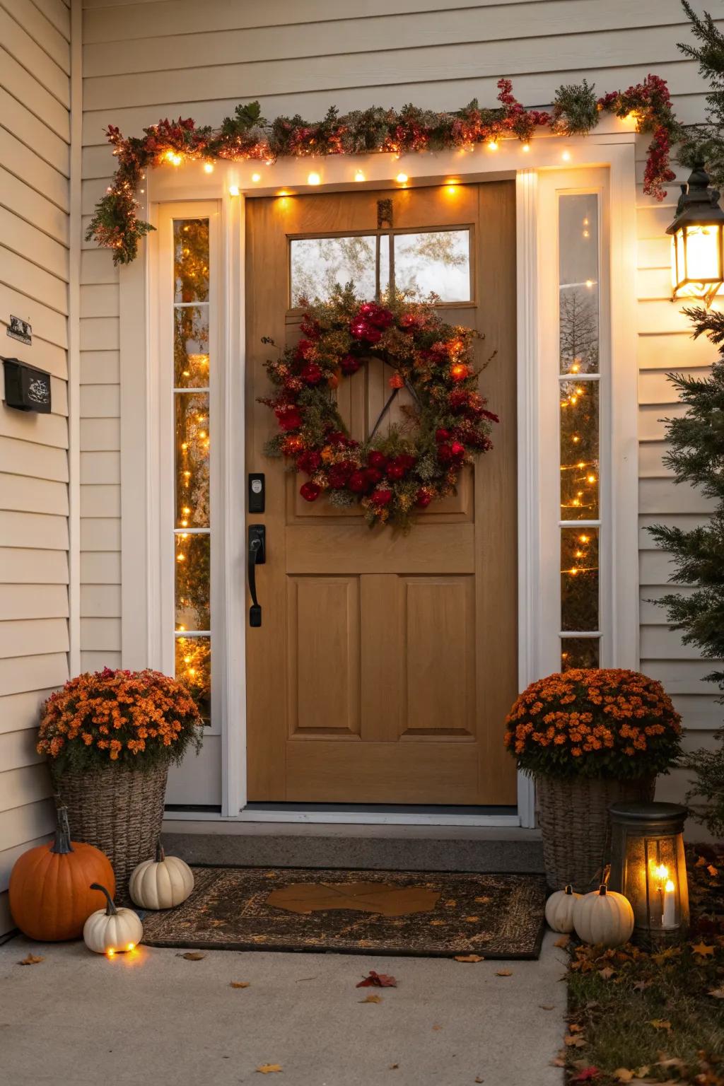 A seasonal wreath adds a delightful touch to any front door.