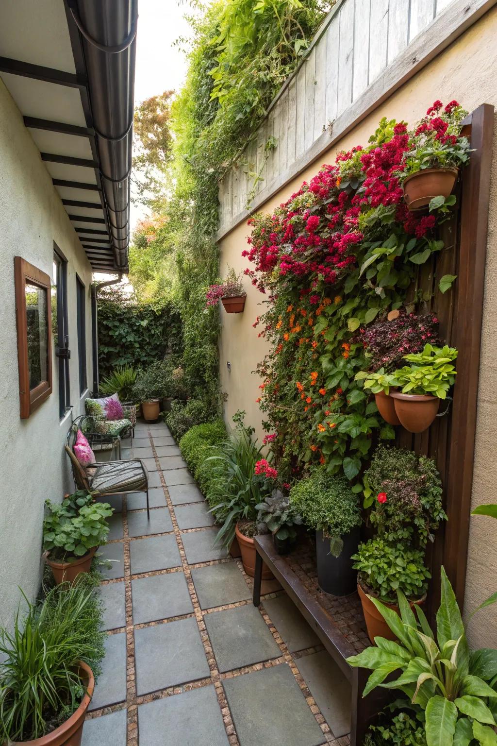 Vertical garden on a narrow patio.