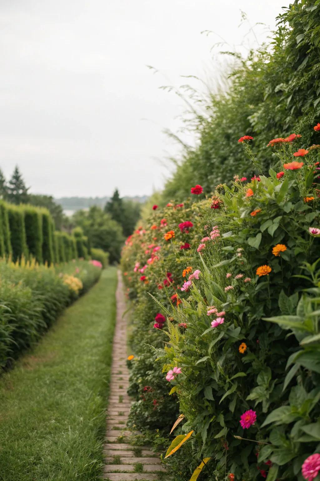 A lush, densely planted narrow strip bursting with layers of greenery and flowers.