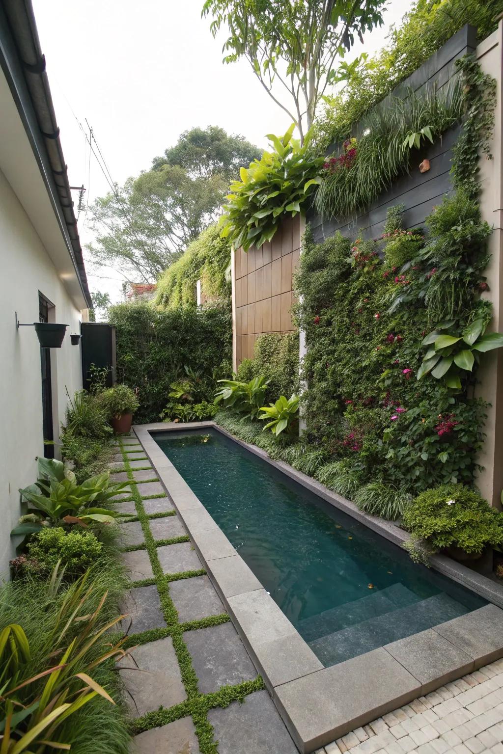 A narrow pool beautifully complemented by a lush vertical garden.