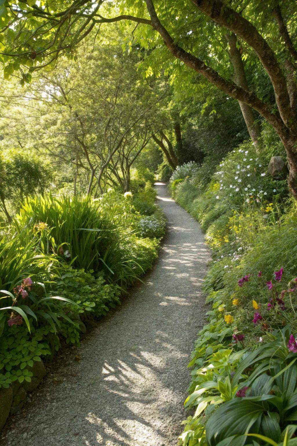 A narrow gravel walkway enhanced by lush border plants.
