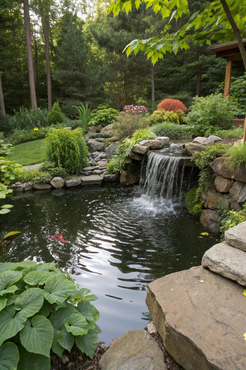 A calming pond with a gentle waterfall surrounded by lush plants.
