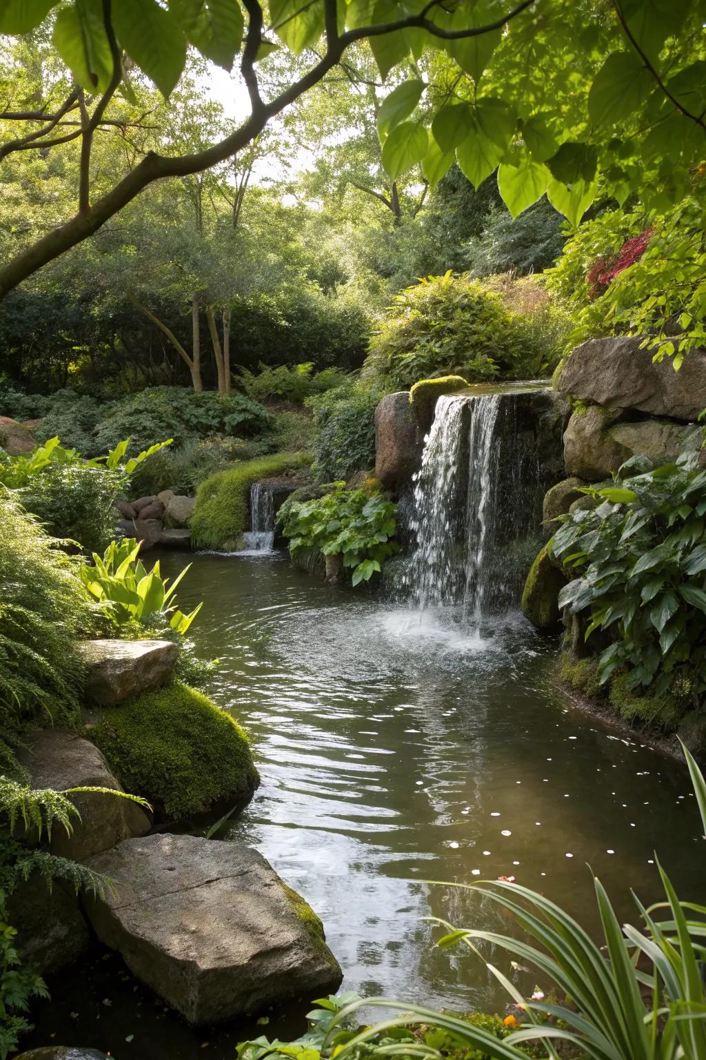 A small waterfall adding movement and sound to a garden pond.