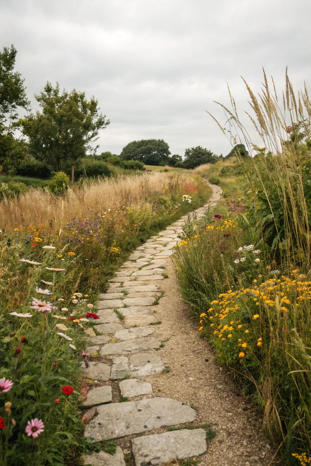 A stone pathway meandering through vibrant wildflowers.