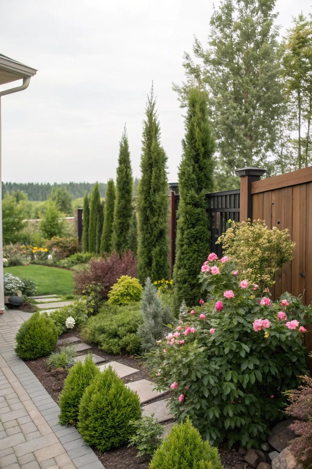 Layered plantings create a dynamic and private garden space.
