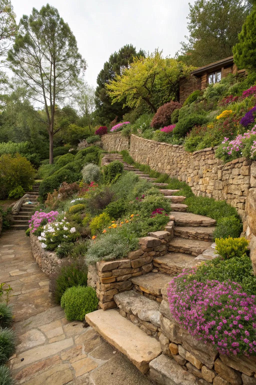 A multi-level garden with stone terraces, each level brimming with different plants.