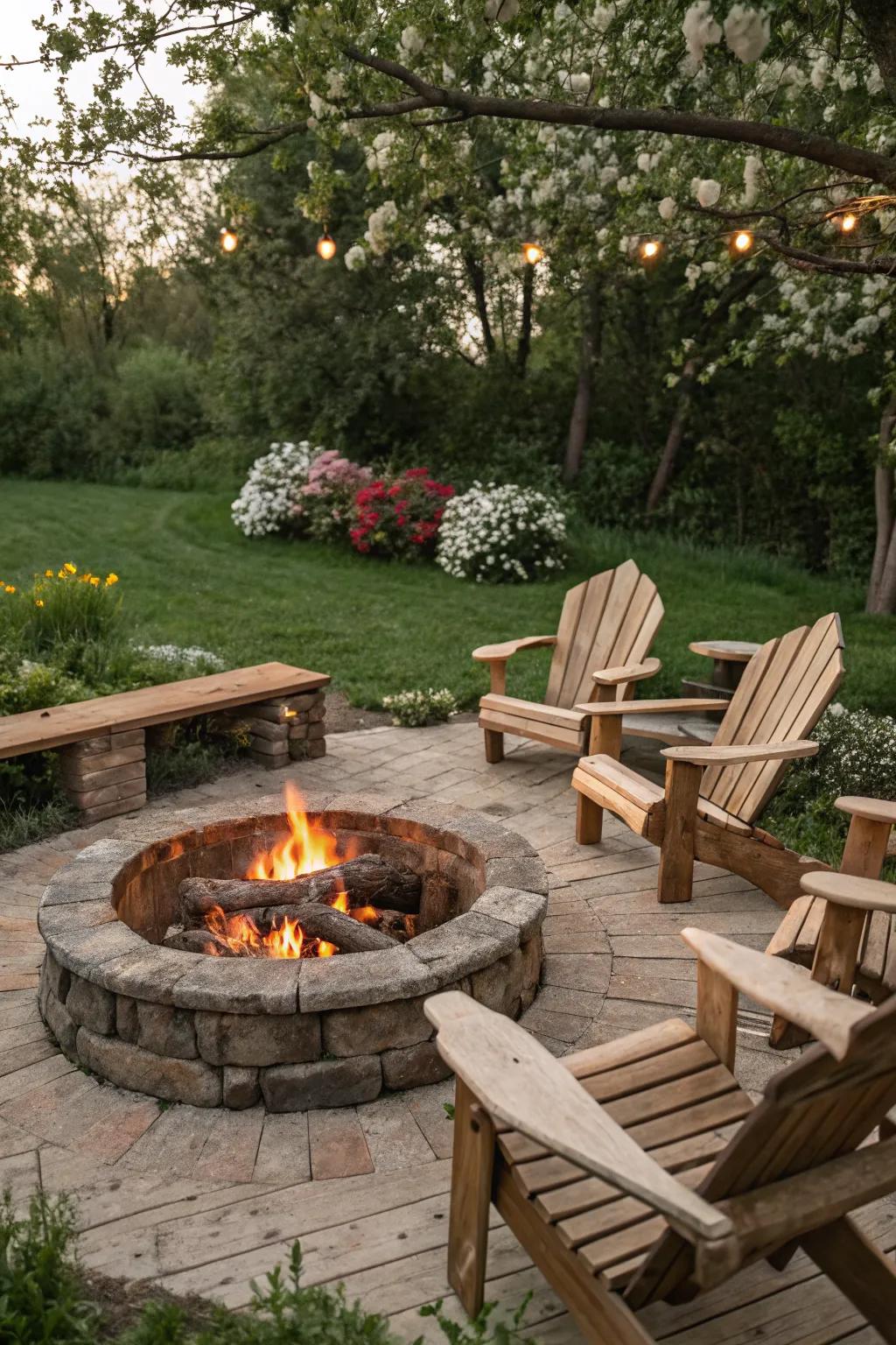 A cozy fire pit area with rustic seating, ideal for gatherings and relaxation.