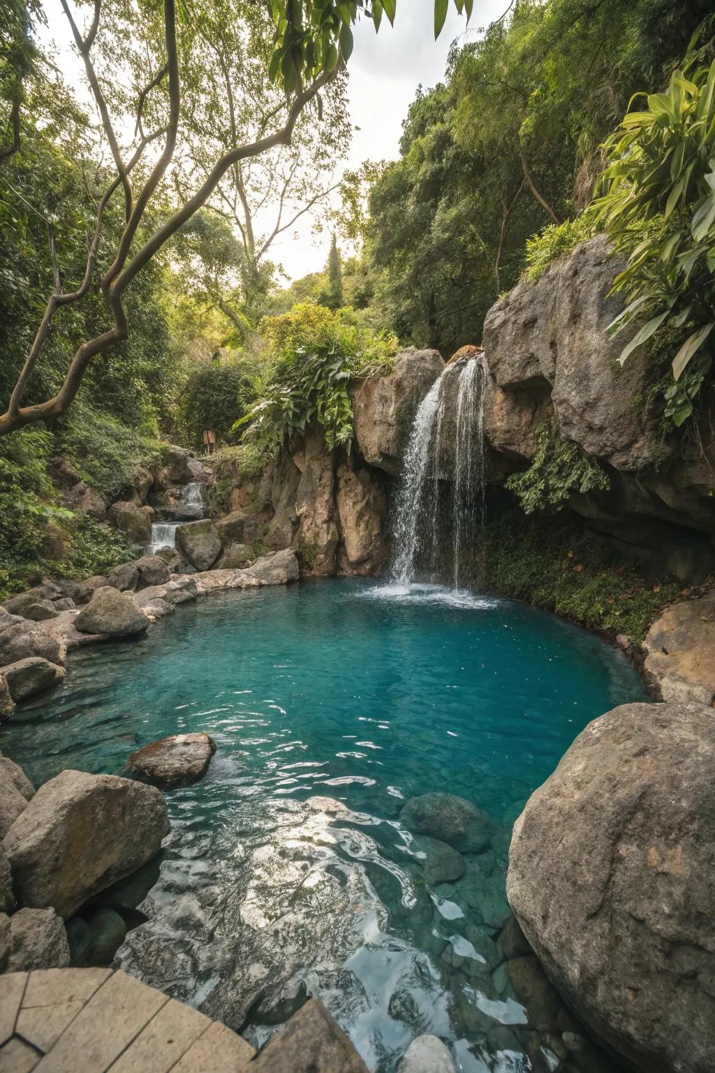 A natural swimming pool with a stunning rocky waterfall, offering a peaceful escape.