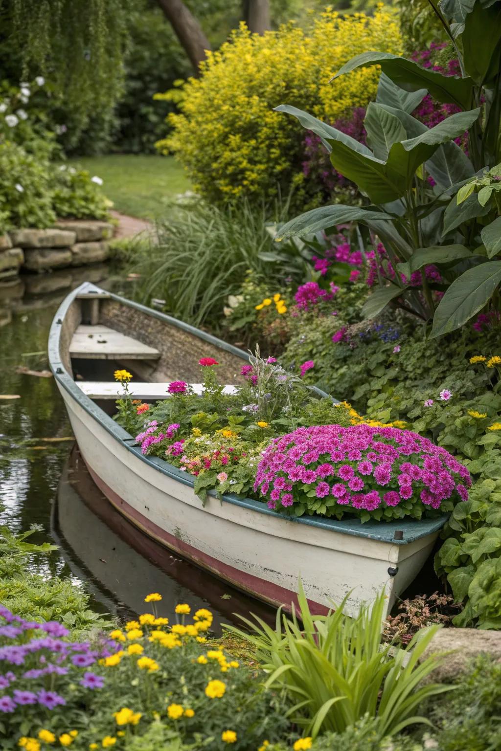 An old boat makes a charming planter, perfect for a nautical garden.