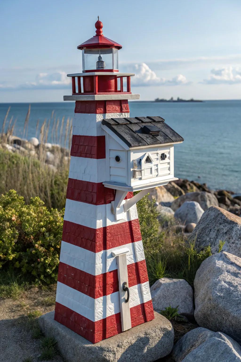 A lighthouse-themed mailbox with a solar light.