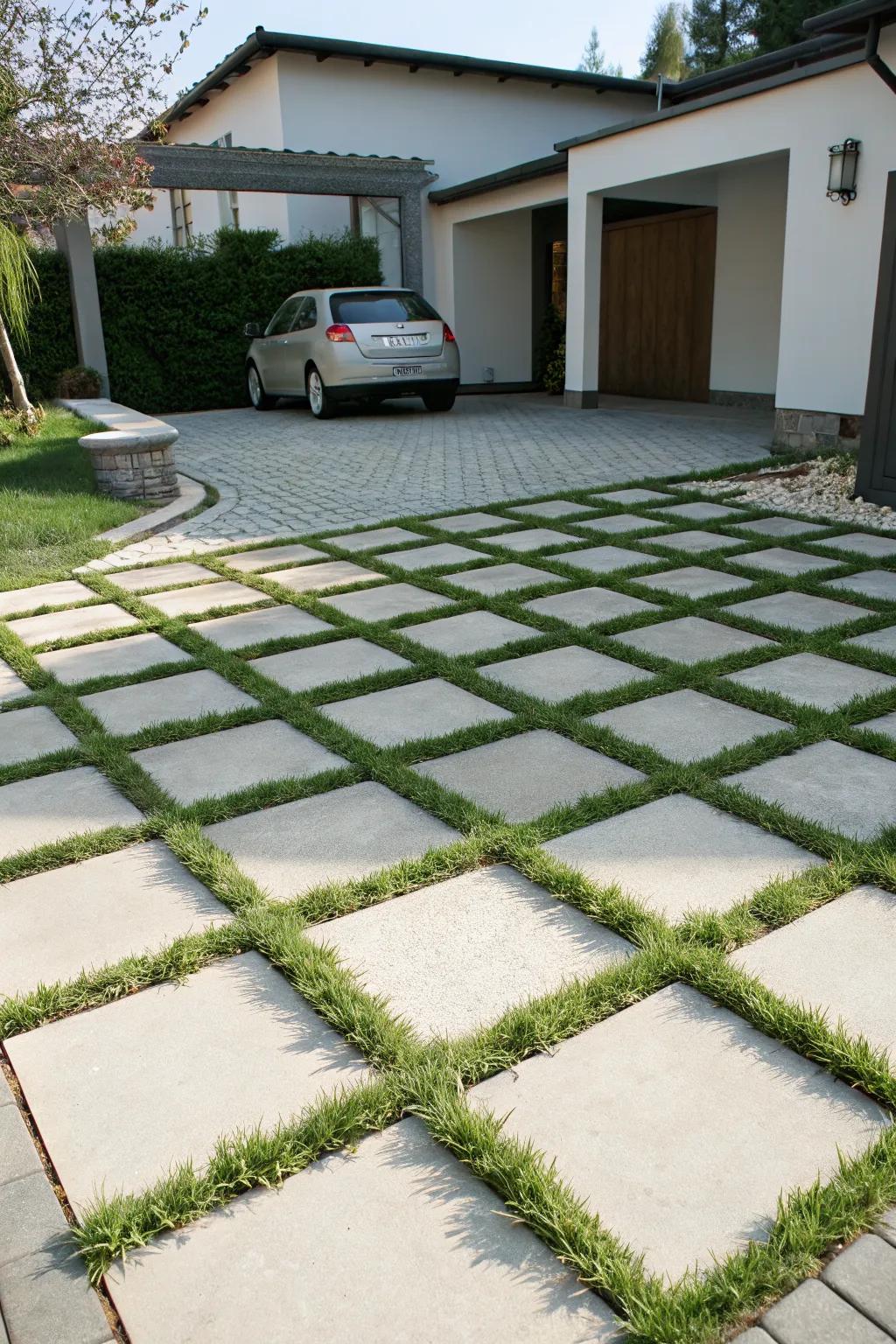 A harmonious blend of hardscape and nature with grass inlays.