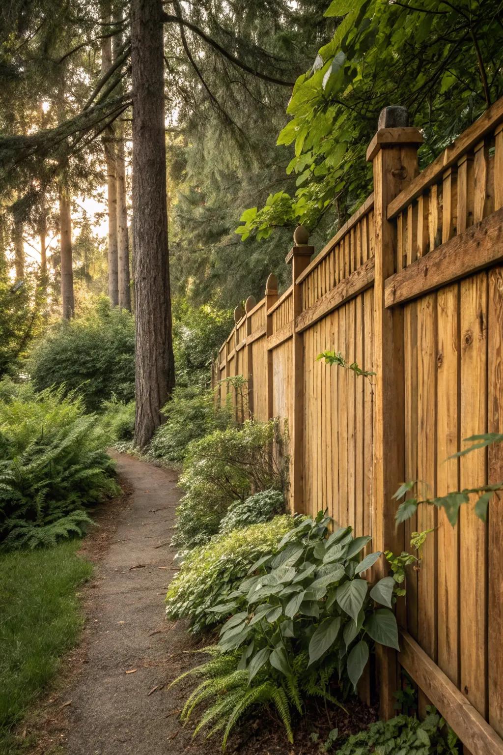A warm and inviting natural wood fence nestled in a lush garden setting.