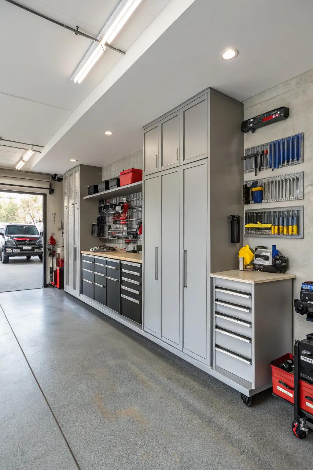 An organized garage with efficient storage solutions.