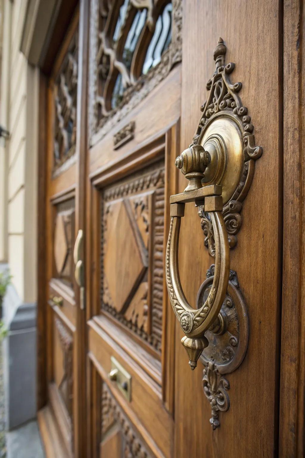 A vintage brass knocker adds charm to the entrance.