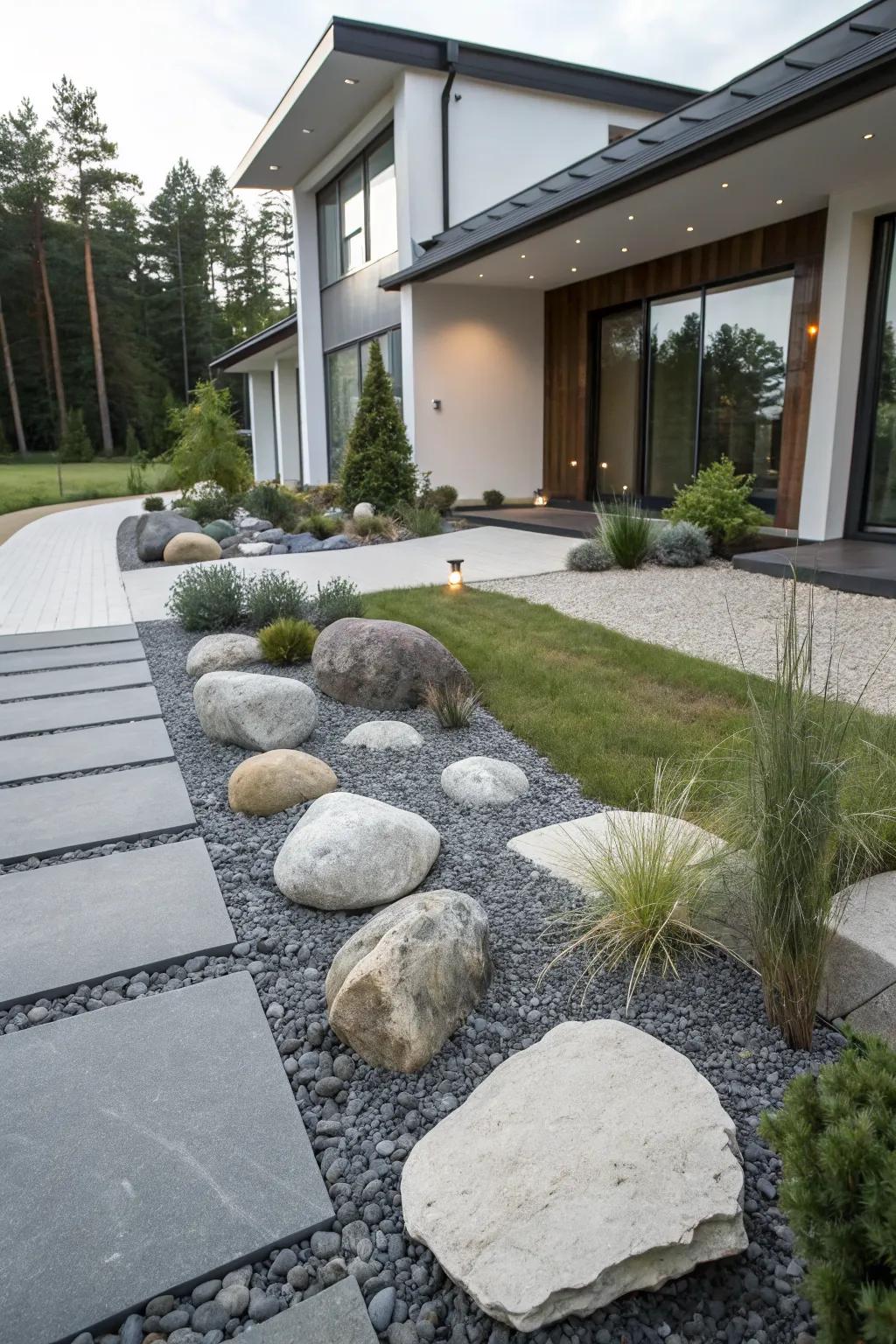 A contemporary front yard with rock and gravel elements.
