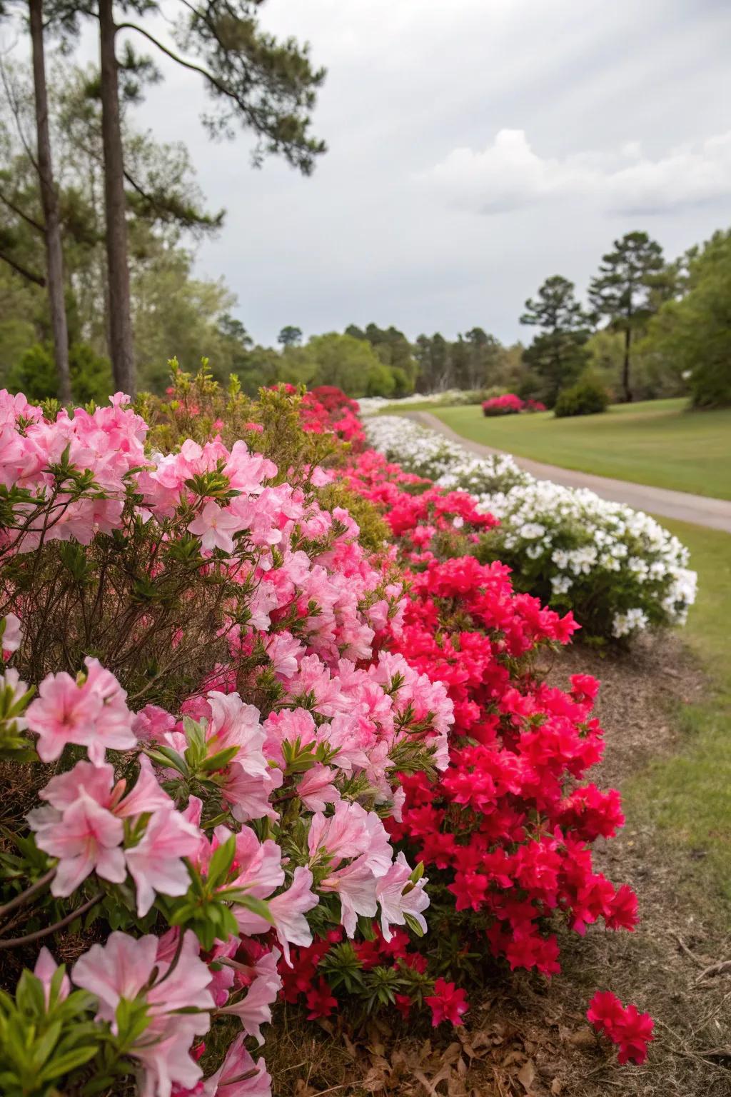 A vibrant flower bed with azaleas and hibiscus offers year-round color.