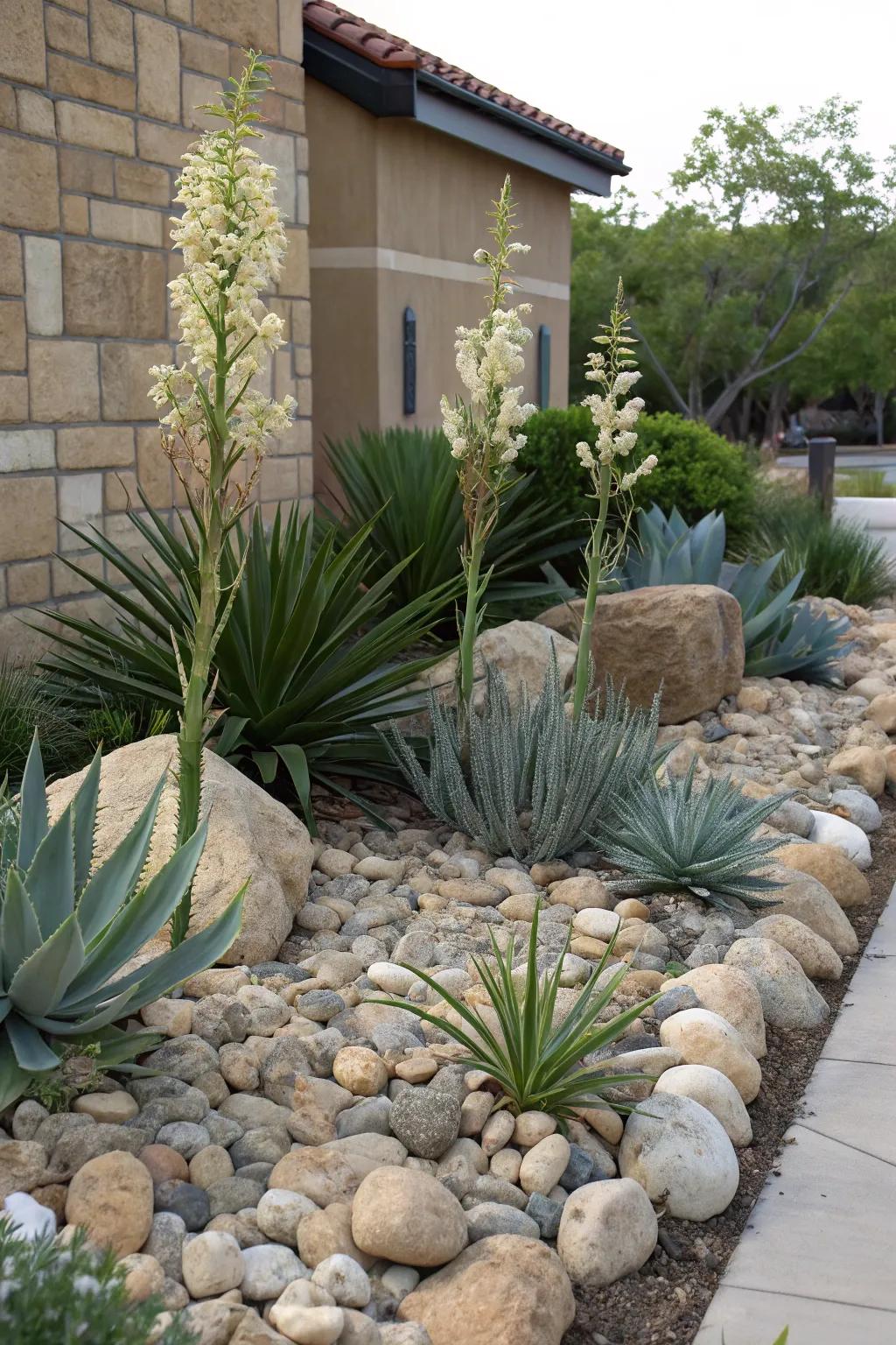 A water-efficient flower bed with drought-resistant plants.