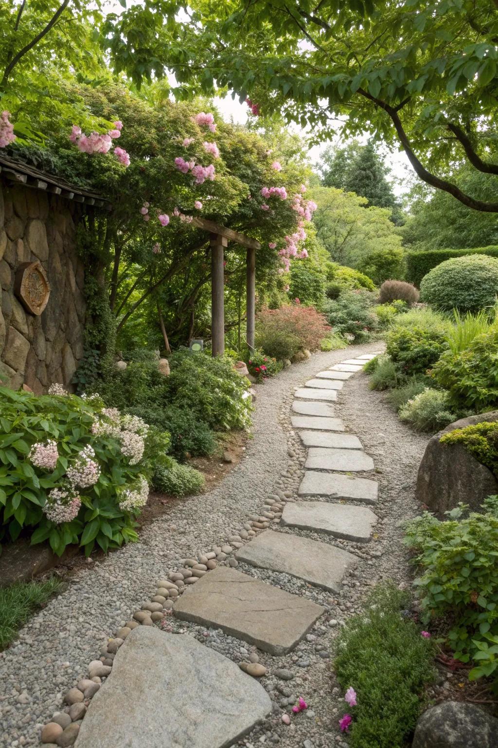 A quaint stone and gravel pathway weaving through a northeast garden.