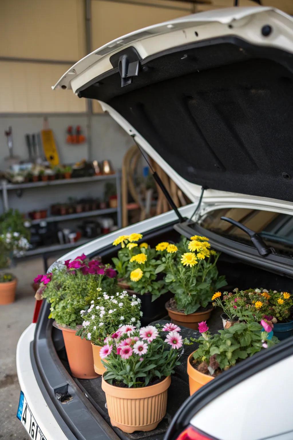 A car hood transformed into a vibrant floral display.